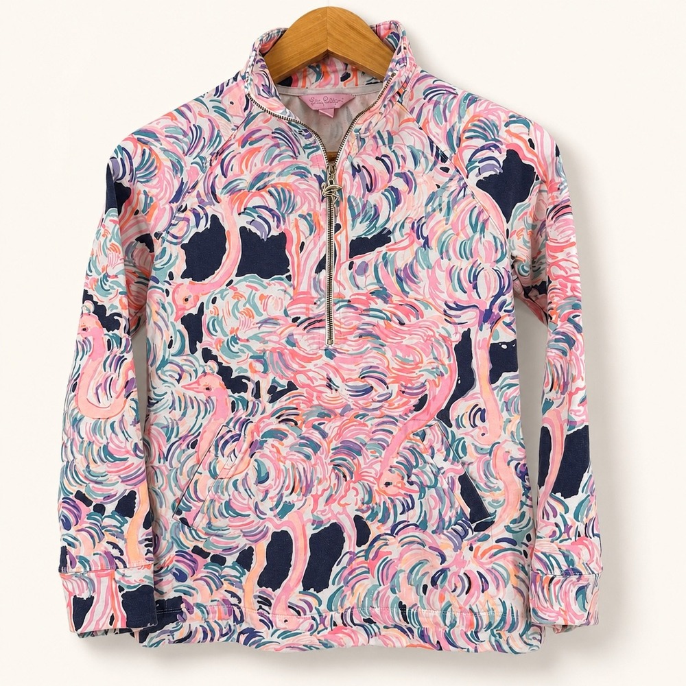 Lilly Pulitzer XXS Skipper Popover Gimme Some Leg Flamingo UPF 50 Terry Half Zip